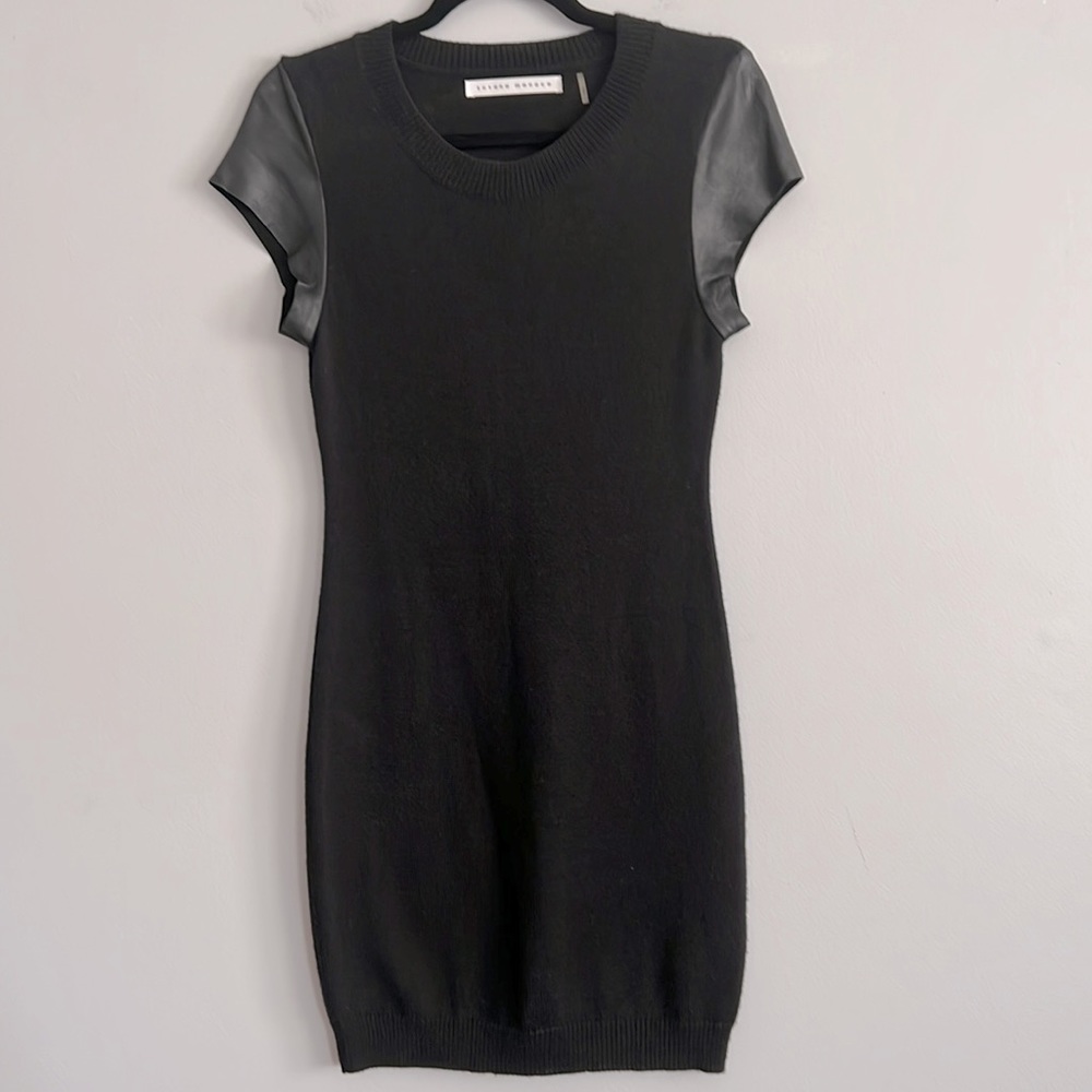Leather Cap Sleeve Merino Wool Susana Monaco Black Sweater Dress Womens M 6